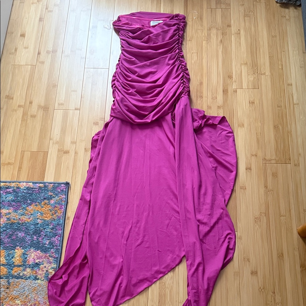 Peppermayo Fuchsia One-Shoulder Ruched Asymmetrical Dress